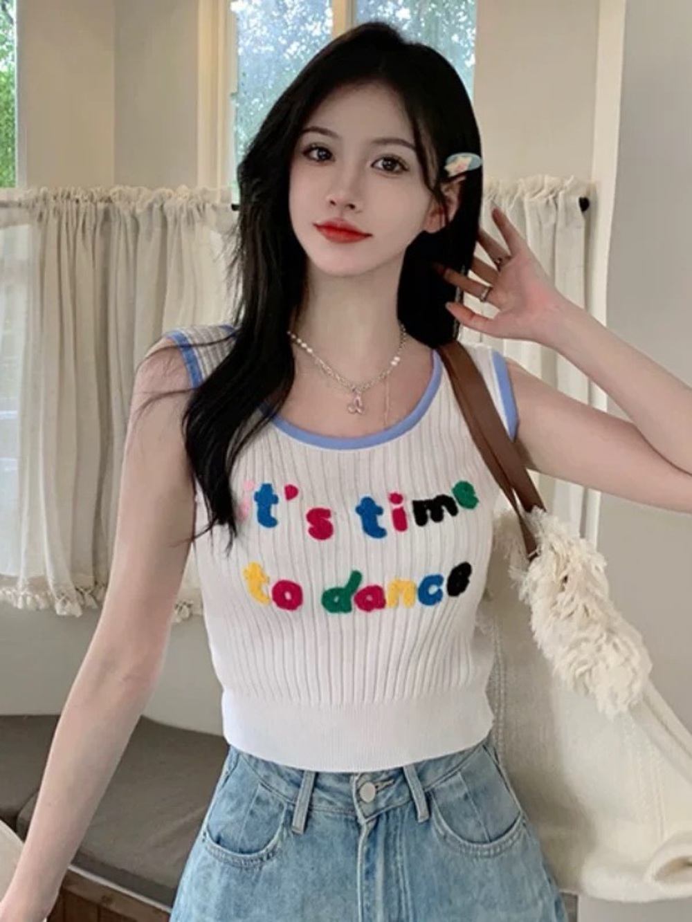 Women's White Ribbed Tank Top with Colorful Lettering